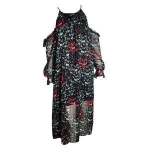 1 STATE Green Red Shimmer Floral Cold Shoulder Sleeve Dress Womens Size M Medium